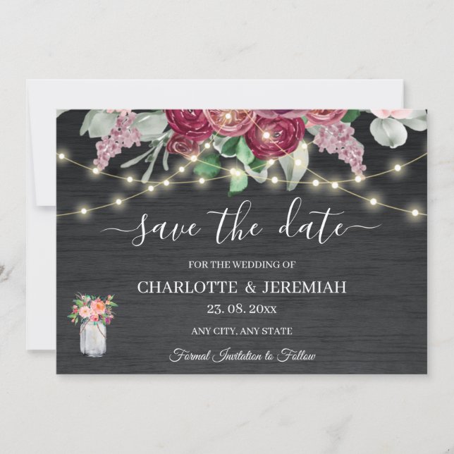 Save The Date Rustique Mason Jar String éclat Mariage Bourgogne (Devant)