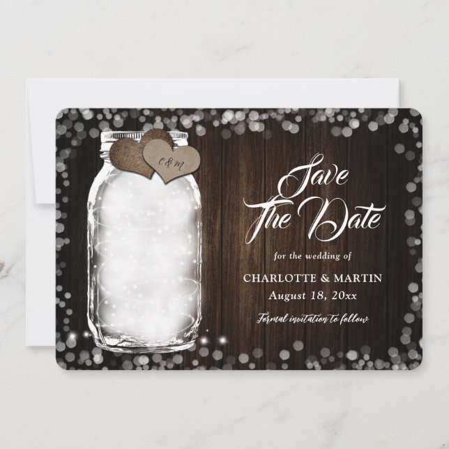 Save The Date Rustique Mason Jar String lumières Barne Mariage e (Devant)