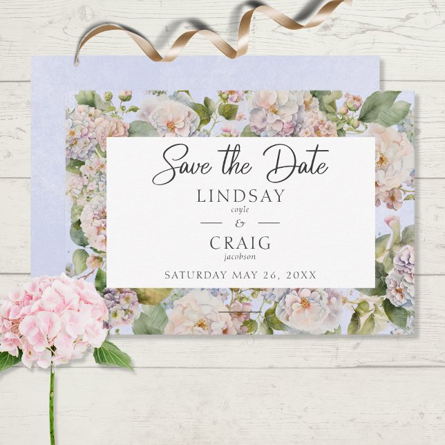 Save The Date Rustique Pastel Hydrangea Floral Monogram Périwink (Créateur téléchargé)