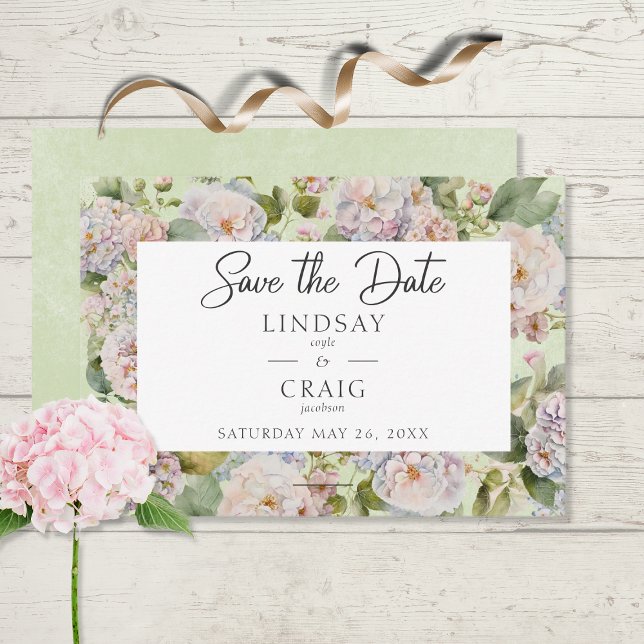 Save The Date Rustique Pastel Hydrangea Floral Monogramme Sage V (Créateur téléchargé)