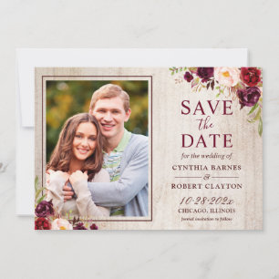 Save The Date Rustique Pays Bois Bourgogne Rouge Floral Photo