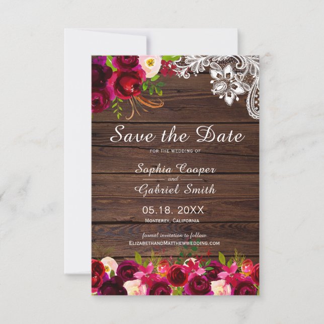Save The Date Rustique Pays Bourgogne Floral Dentelle en bois (Devant)