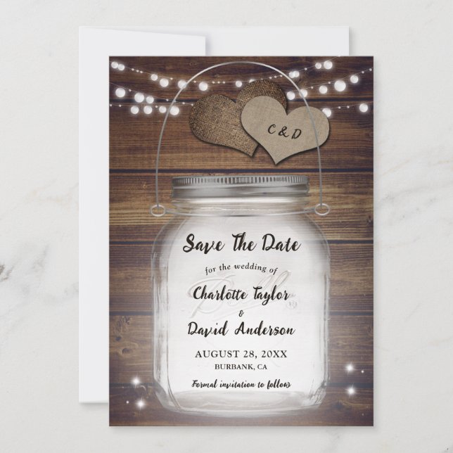 Save The Date Rustique Pays Lumières bois Mason Jar Mariage (Devant)
