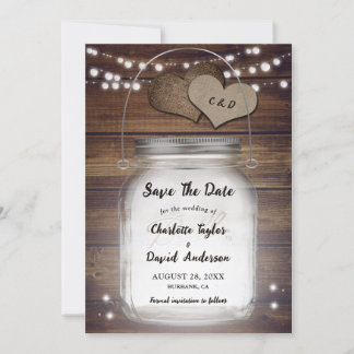 Save The Date Rustique Pays Lumières bois Mason Jar Mariage