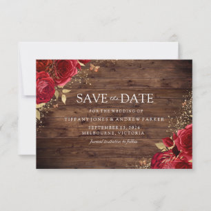 Save The Date Rustique Romantique Roses Rouge Mariage Floral Or