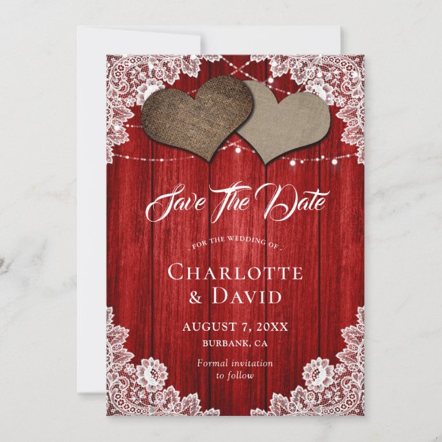 Save The Date Rustique Rouge Burlap Dentelle Mariage Enregistrer (Devant)