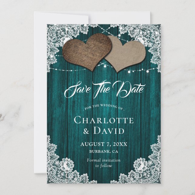 Save The Date Rustique Turquoise Burlap Dentelle Mariage Enregis (Devant)