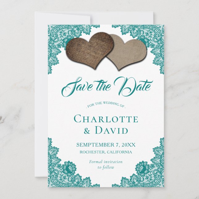 Save The Date Rustique Turquoise Burlap Dentelle Mariage Enregis (Devant)