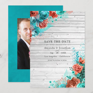 Save The Date Rustique Turquoise et Coral Rustique Floral Mariag