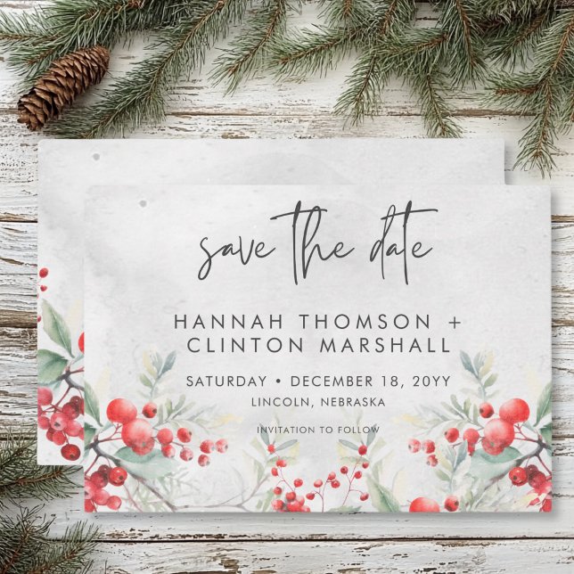 Save The Date Rustique Winter Holly & Pine Mariage (Rustic Winter Holly & Pine Wedding Save The Date)