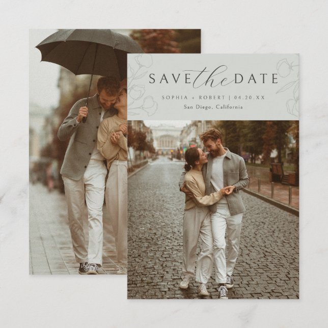 Save The Date Sage | Calligraphie simple Photo Mariage floral (Devant / Derrière)