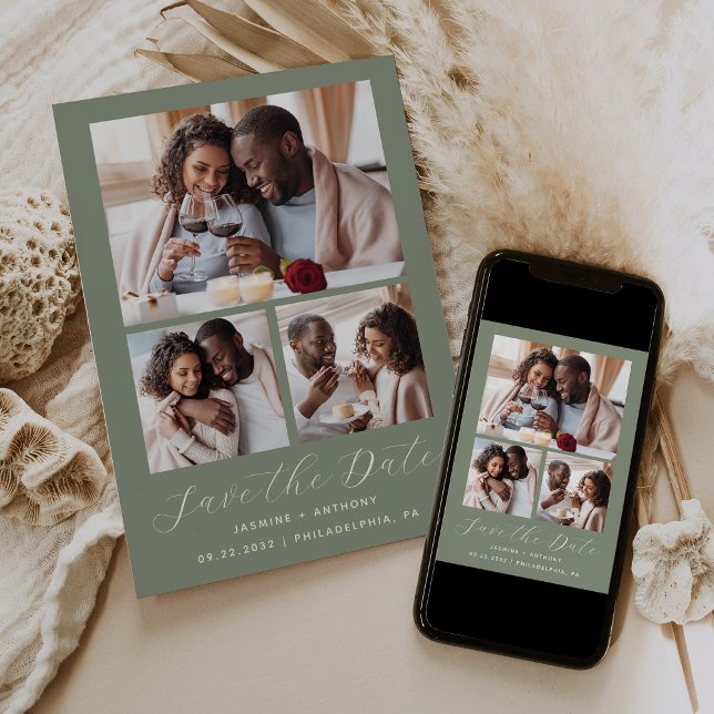 Save The Date Sage de collage minimal 3 photos vert (Créateur téléchargé)