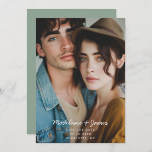 Save The Date Sage de script minimal Vert photo QR Code Mariage