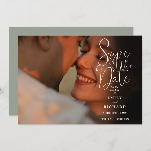 Save The Date Sage Green 2 Photo Elegant Mariage Script (Devant / Derrière)