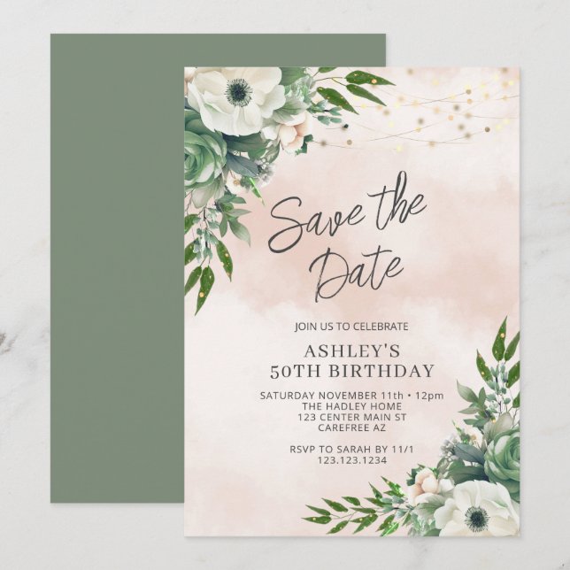 Save the Date Sage Green 50th Birthday Invitation (Front/Back)
