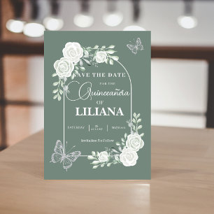 Save The Date Sage Green Arc Floral et Papillons Quinceañera
