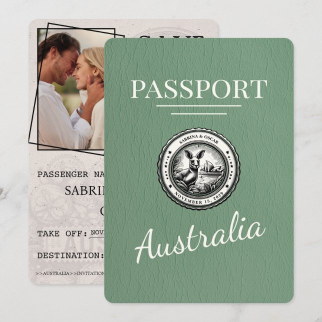 Save The Date Sage Green Australie Passeport Enregistrer La Date (Devant / Derrière)