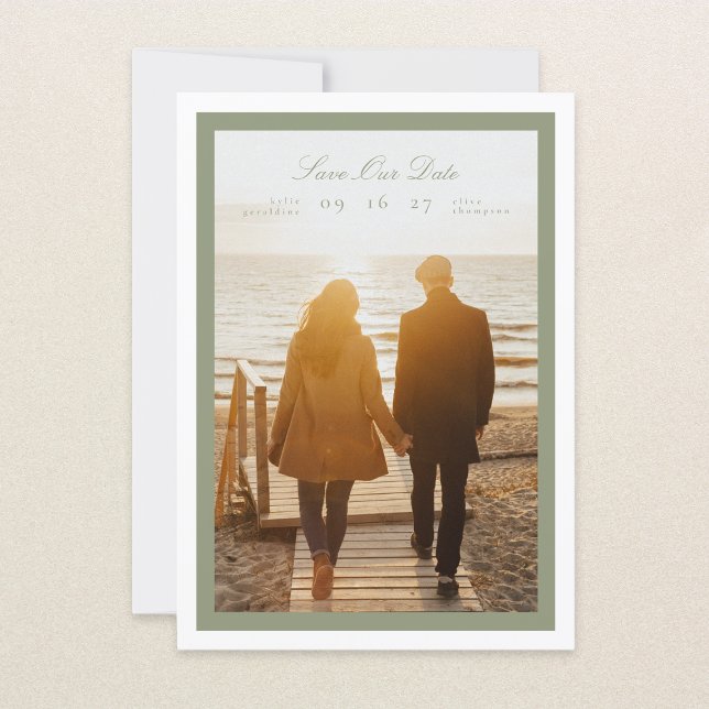 Save The Date Sage Green Calligraphy White Frame Photo classique (Créateur téléchargé)