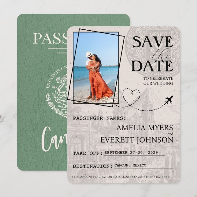 Save The Date Sage Green Cancun Passeport Enregistrer La Date (Devant / Derrière)