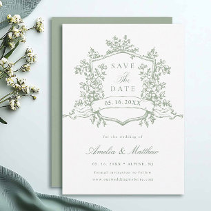 Save The Date Sage Green Classic Floral Crest Mariage