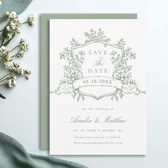 Save The Date Sage Green Classic Floral Crest Mariage (Créateur téléchargé)