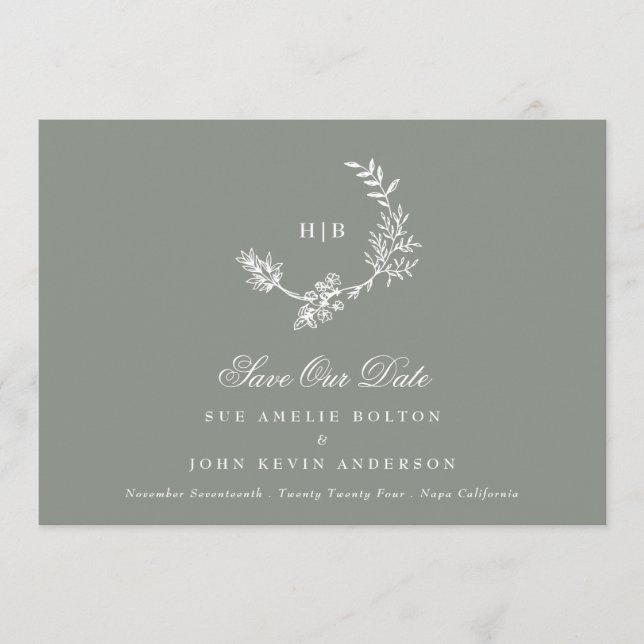 Save The Date Sage Green Classic Monogramme Mariage photo (Devant)