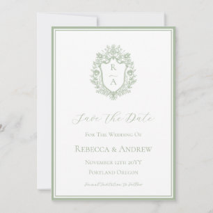Save The Date Sage Green Crest Monogramme & Photo