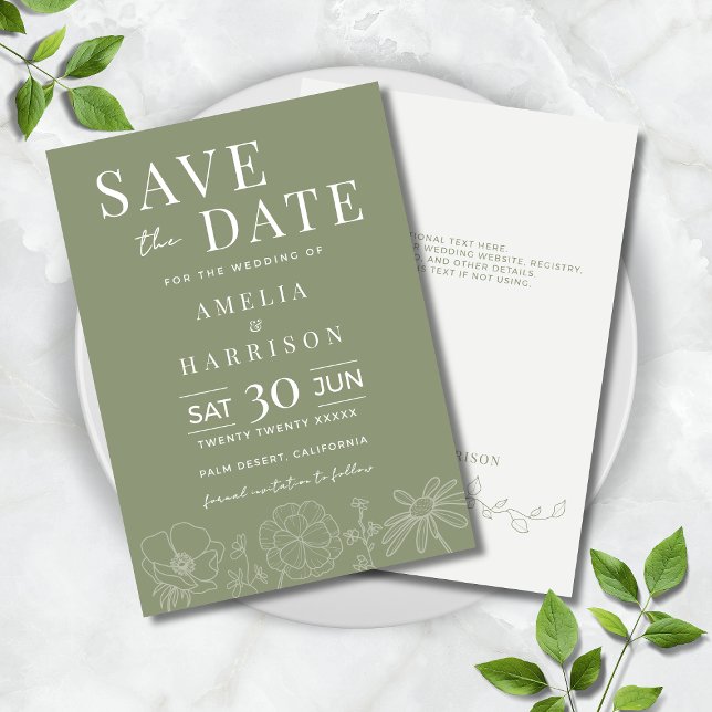 Save The Date Sage Green Elegant Floral Line Art Mariage (Sage Green Elegant Floral Line Art Wedding Save the Date Invitation with Optional Text on Back.)