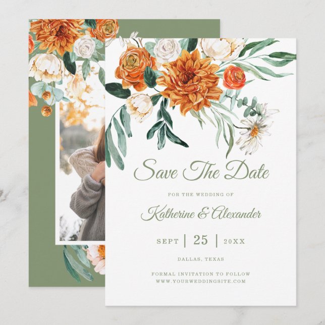 Save The Date Sage Green Elegant Floral Orange Mariage photo (Devant / Derrière)
