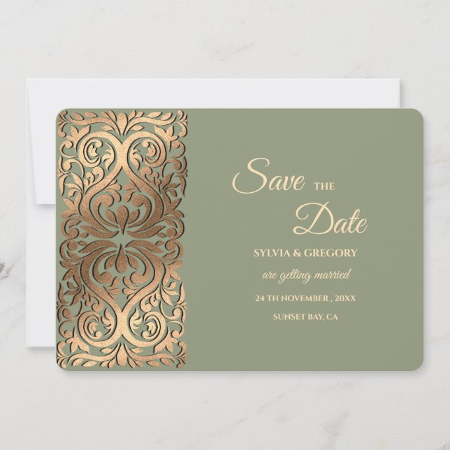 Save The Date Sage Green et Faux Gold Enregistrer la date Elegan (Devant)