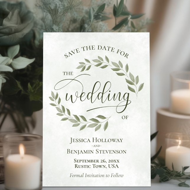 Save The Date Sage Green Feuille Élégant Mariage de script moder (Créateur téléchargé)