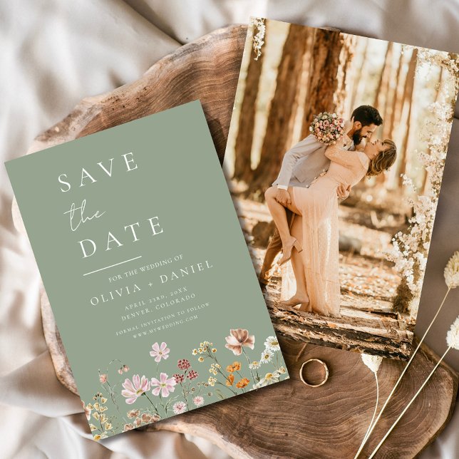 Save The Date Sage Green Fleurs sauvages Photo Boho Enregistrer  (Créateur téléchargé)