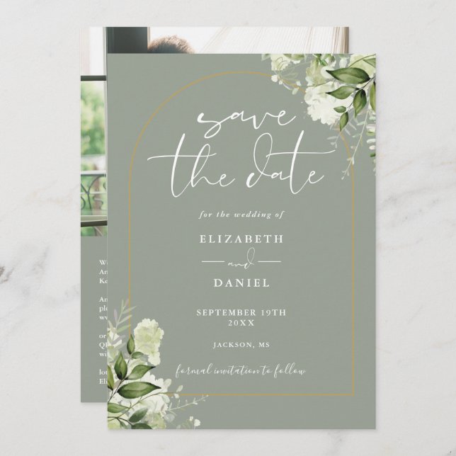 Save The Date Sage Green Foliage Gold Arch Photo QR Code Mariage (Devant / Derrière)