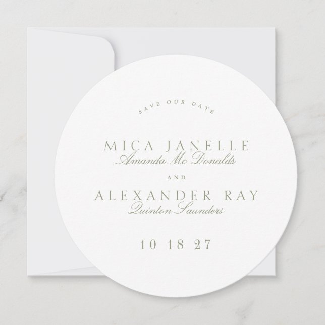 Save The Date Sage Green Formal Classic Calligraphie Round Photo (Devant)