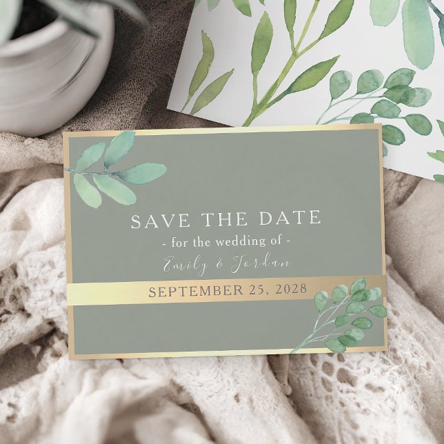 Save The Date Sage Green Gold Botanical Enregistrer la date (Créateur téléchargé)