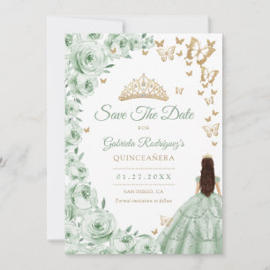 Save The Date Sage Green Gold Floral Quinceanera