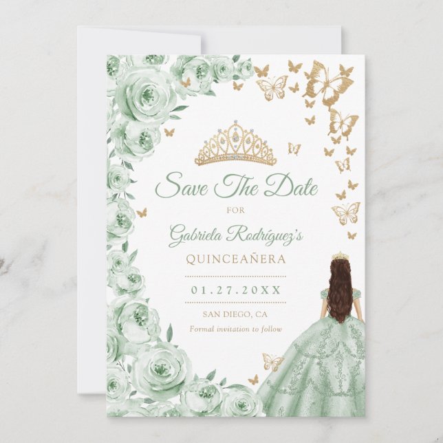 Save The Date Sage Green Gold Floral Quinceanera (Devant)
