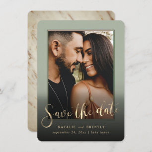 Save The Date Sage Green Gold Script & Marble Photo Overlay