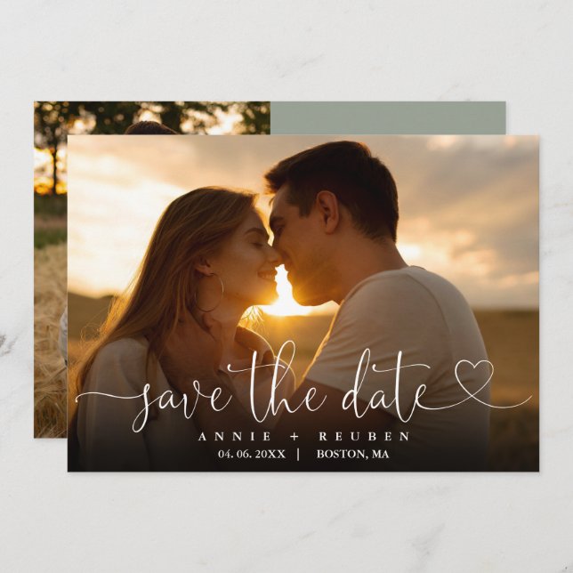 Save The Date Sage Green Heart Script Photo Mariage QR Code (Devant / Derrière)