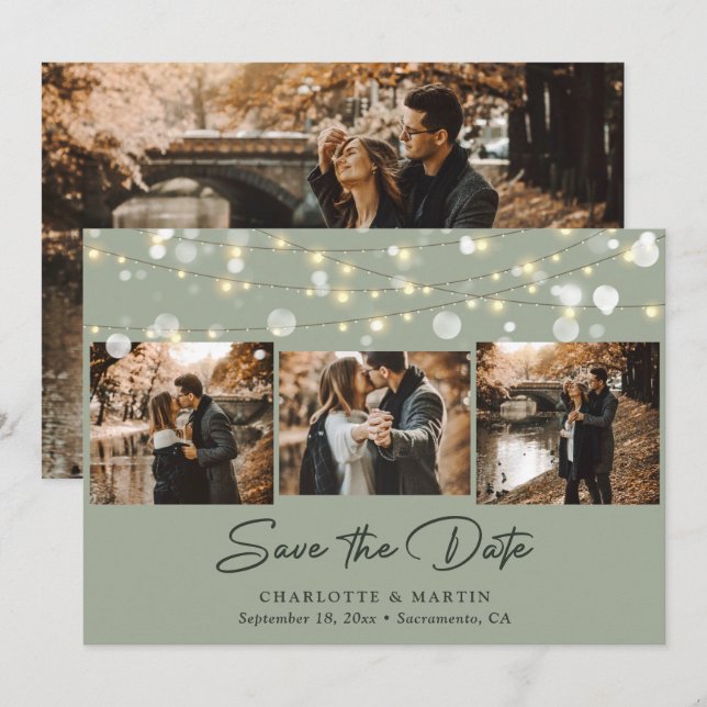 Save The Date Sage Green Mariage 4 Photo Collage Enregistrer La  (Devant / Derrière)