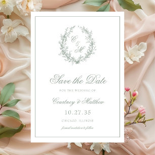 Save The Date Sage Green Monogramme Mariage de couronne botaniqu
