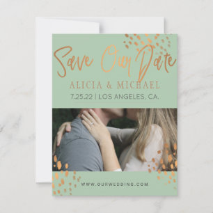 Save The Date Sage Green PHOTO Faux Rose Gold Foil Typographie
