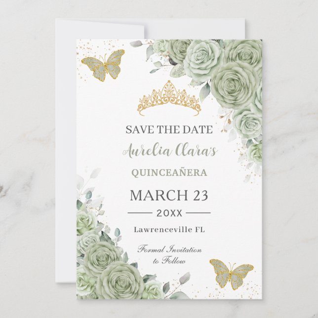 Save The Date Sage Green Quinceanera Gold Sweet 16 Papillons (Devant)
