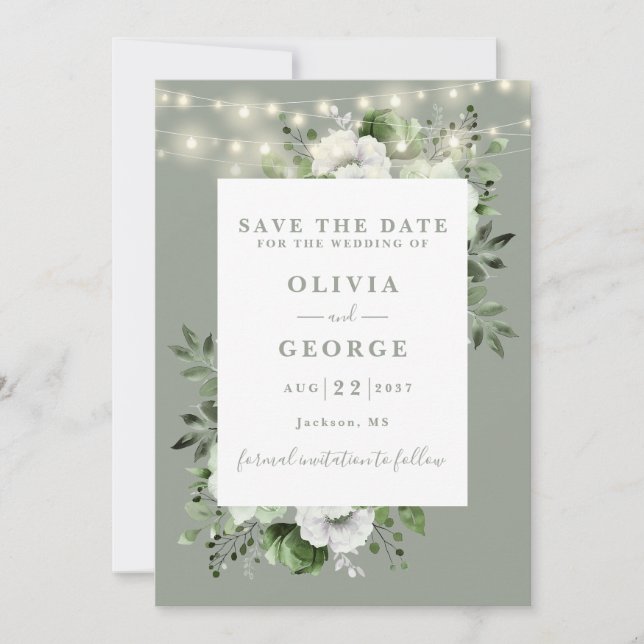 Save The Date Sage Green Rustic String éclaire le Mariage floral (Devant)