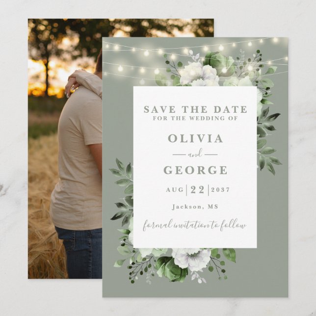 Save The Date Sage Green Rustic String Lumières Florale Photo (Devant / Derrière)