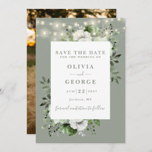 Save The Date Sage Green Rustic String Lumières Florale Photo