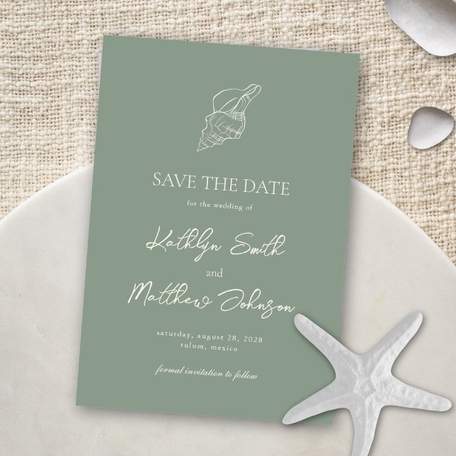 Save The Date Sage Green Shell Beach Ocean Destination Mariage (Créateur téléchargé)