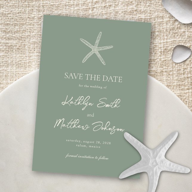 Save The Date Sage Green Starfish Beach Destination Mariage (Créateur téléchargé)