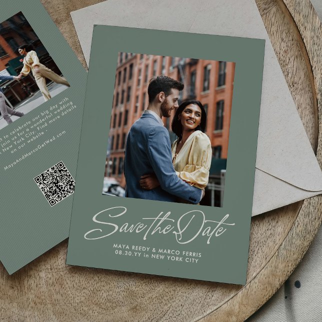 Save The Date Sage green trendy script two photo wedding (Créateur téléchargé)