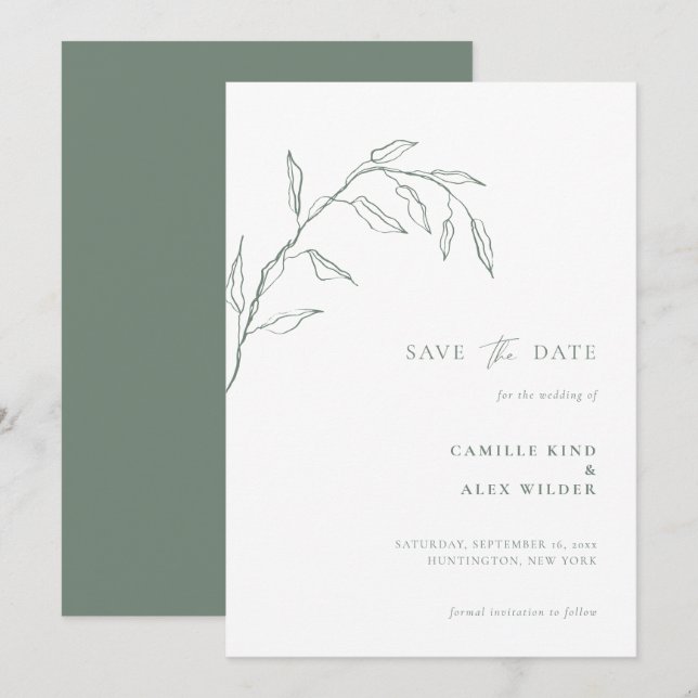 Save The Date Sage Mariage de la feuille minimal botanique moder (Devant / Derrière)